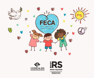 Desenhos de crianças de mãos dados, brincando entre corações, pomba, sol, com um coração acima com o texto: FECA